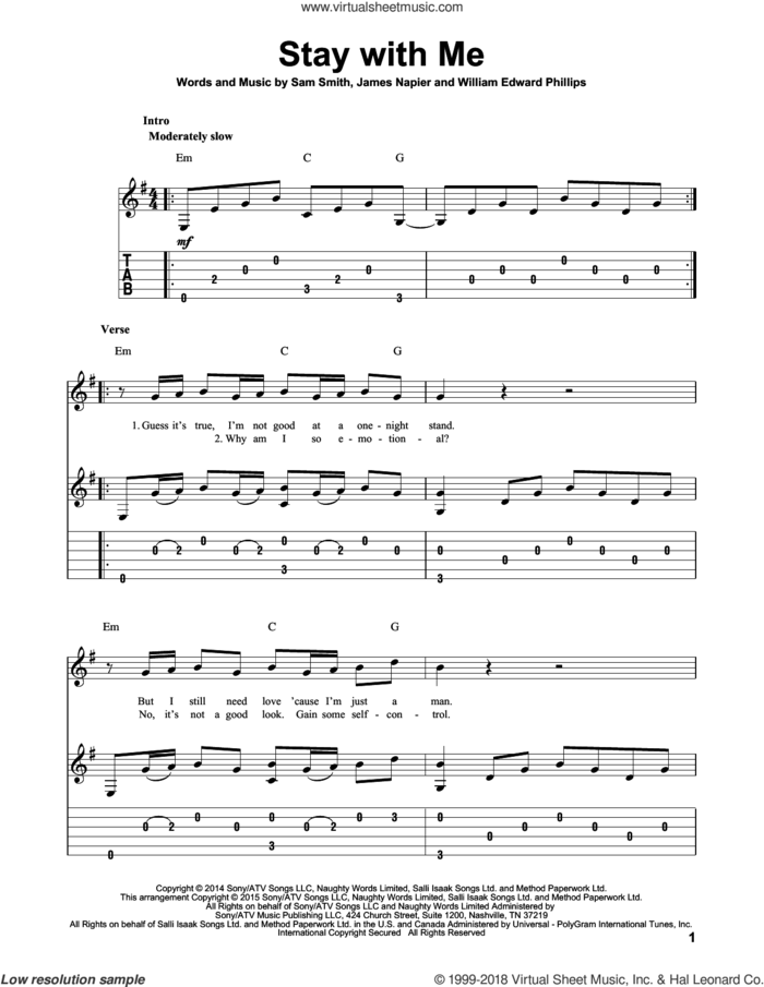 Stay With Me, (intermediate) sheet music for guitar solo by Sam Smith, James Napier, Jeff Lynne, Tom Petty and William Edward Phillips, intermediate skill level