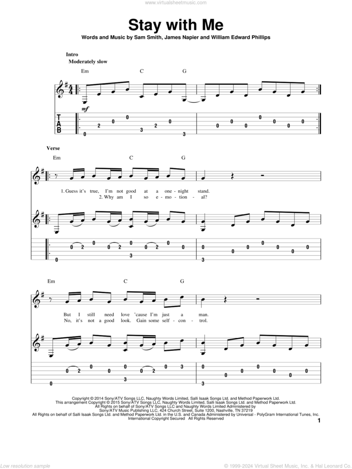 Stay With Me, (intermediate) sheet music for guitar solo by Sam Smith, James Napier, Jeff Lynne, Tom Petty and William Edward Phillips, intermediate skill level