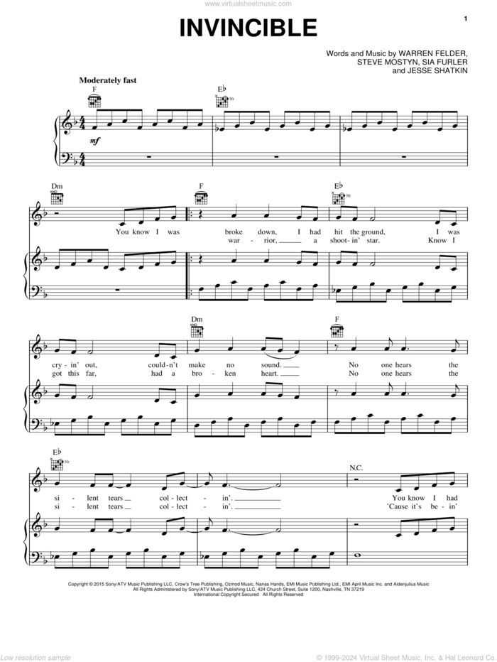 Invincible sheet music for voice, piano or guitar by Kelly Clarkson, Jesse Shatkin, Sia Furler, Steve Mostyn and Warren Felder, intermediate skill level
