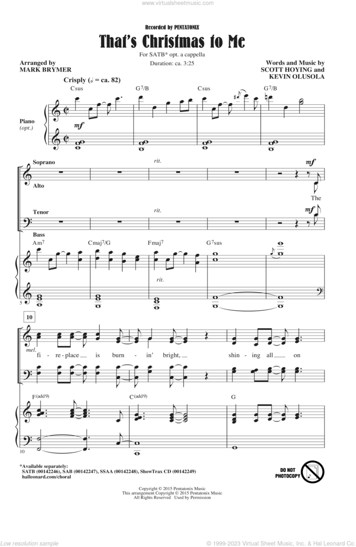 That's Christmas To Me (arr. Mark Brymer) sheet music for choir (SATB: soprano, alto, tenor, bass) by Mark Brymer, Pentatonix, Kevin Olusola and Scott Hoying, intermediate skill level
