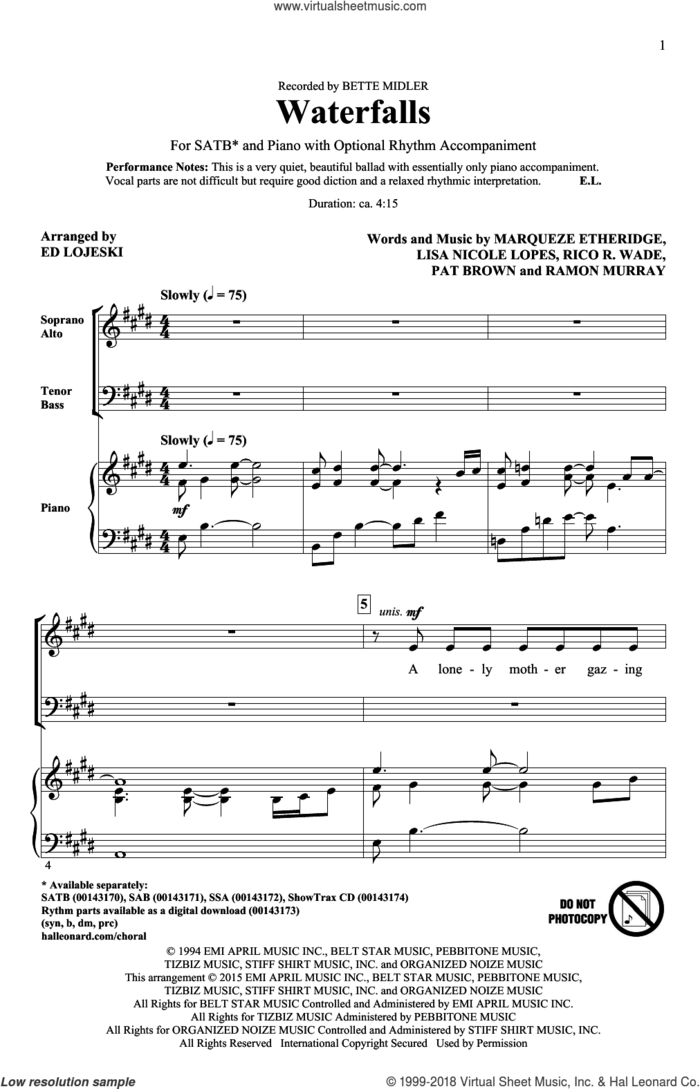 Waterfalls sheet music for choir (SATB: soprano, alto, tenor, bass) by Marqueze Etheridge, Ed Lojeski, Bette Midler, Lisa Nicole Lopes, Pat Brown, Ramon Murray and Rico Wade, intermediate skill level