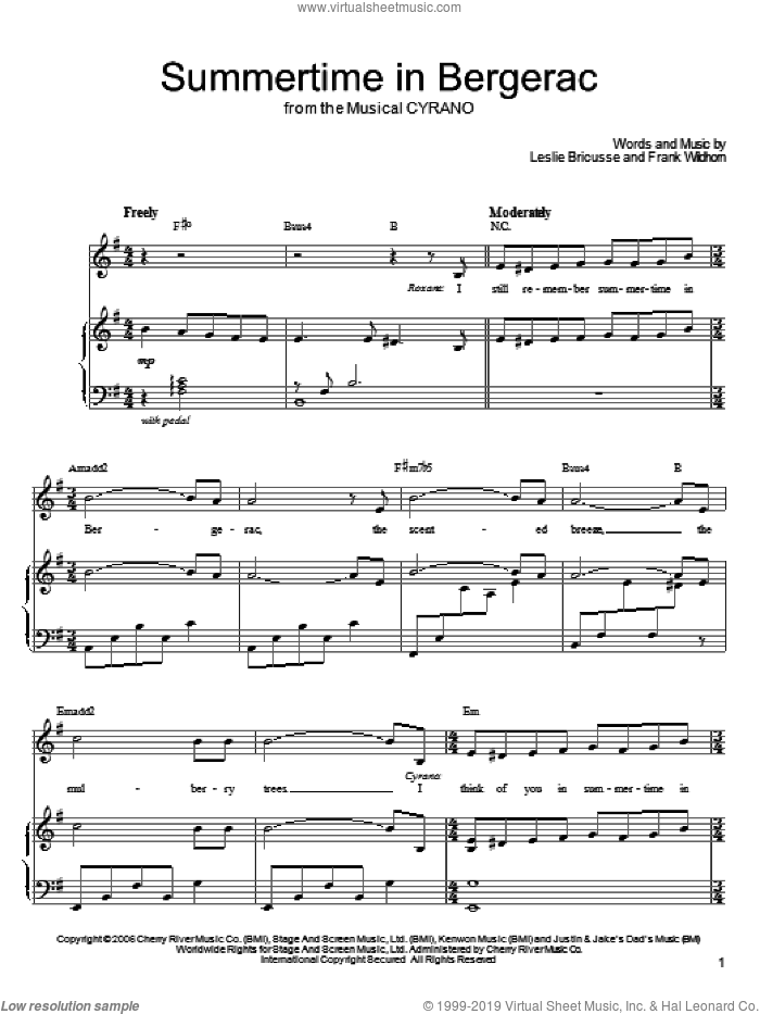 Summertime In Bergerac sheet music for voice, piano or guitar by Leslie Bricusse and Frank Wildhorn, intermediate skill level