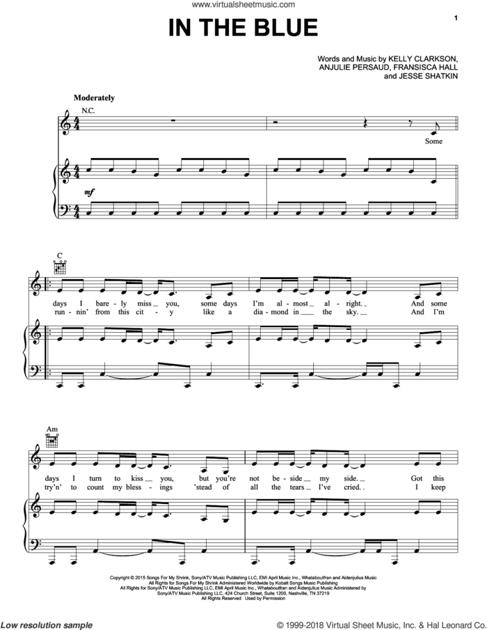 In The Blue sheet music for voice, piano or guitar by Kelly Clarkson, Anjulie Persaud, Fransisca Hall and Jesse Shatkin, intermediate skill level