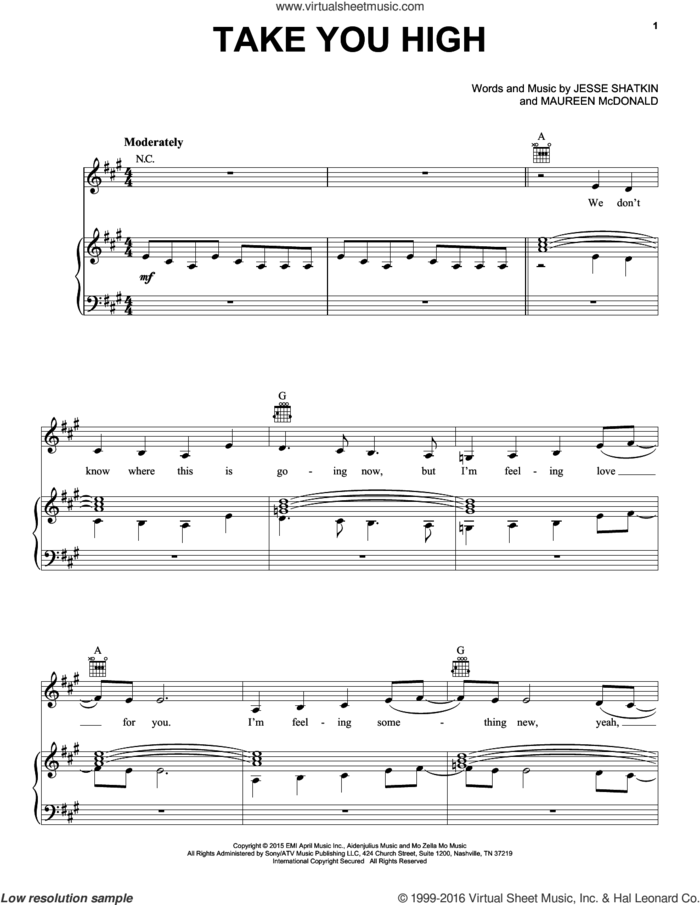 Take You High sheet music for voice, piano or guitar by Kelly Clarkson, Jesse Shatkin and Maureen McDonald, intermediate skill level