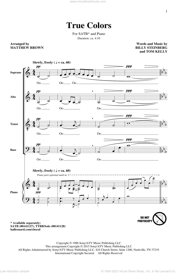 True Colors (arr. Tim Brent) sheet music for choir (SATB: soprano, alto, tenor, bass) by Billy Steinberg, Matthew Brown, Cyndi Lauper, Phil Collins and Tom Kelly, intermediate skill level
