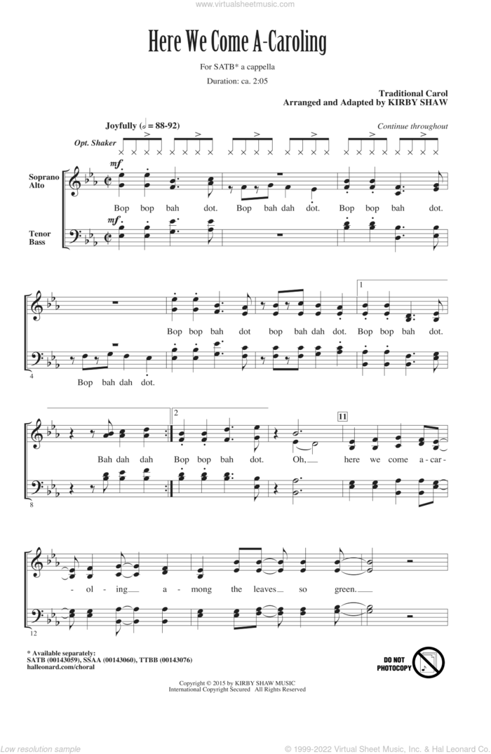 Here We Come A-Caroling sheet music for choir (SATB: soprano, alto, tenor, bass) by Kirby Shaw, intermediate skill level
