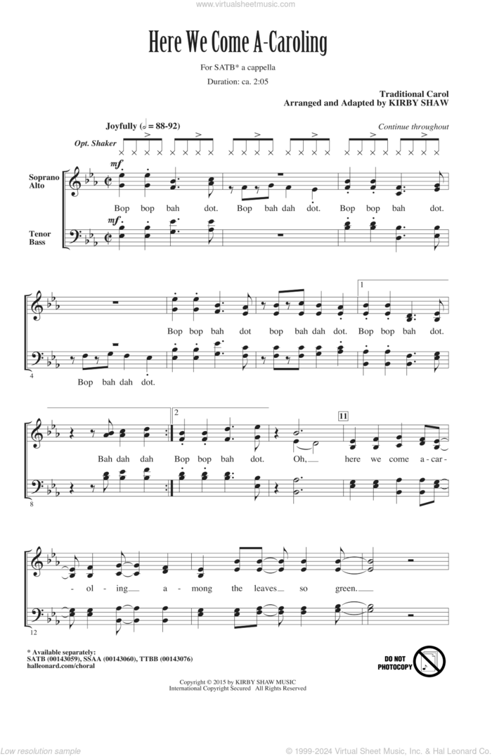 Here We Come A-Caroling sheet music for choir (SATB: soprano, alto, tenor, bass) by Kirby Shaw, intermediate skill level