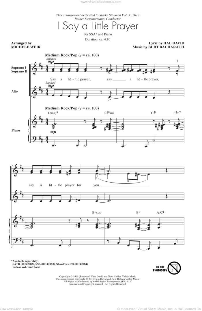 I Say A Little Prayer (arr. Michele Weir) sheet music for choir (SSA: soprano, alto) by Burt Bacharach, Michelle Weir, Diana King, Dionne Warwick and Hal David, intermediate skill level