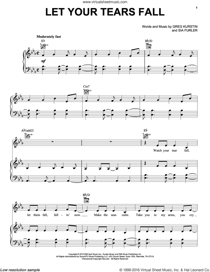 Let Your Tears Fall sheet music for voice, piano or guitar by Kelly Clarkson, Greg Kurstin and Sia Furler, intermediate skill level