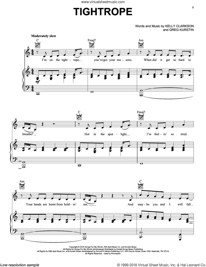 Tightrope sheet music for voice, piano or guitar by Kelly Clarkson and Greg Kurstin, intermediate skill level