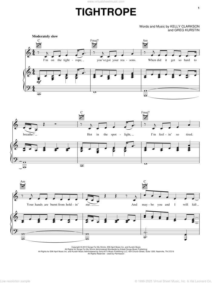 Tightrope sheet music for voice, piano or guitar by Kelly Clarkson and Greg Kurstin, intermediate skill level