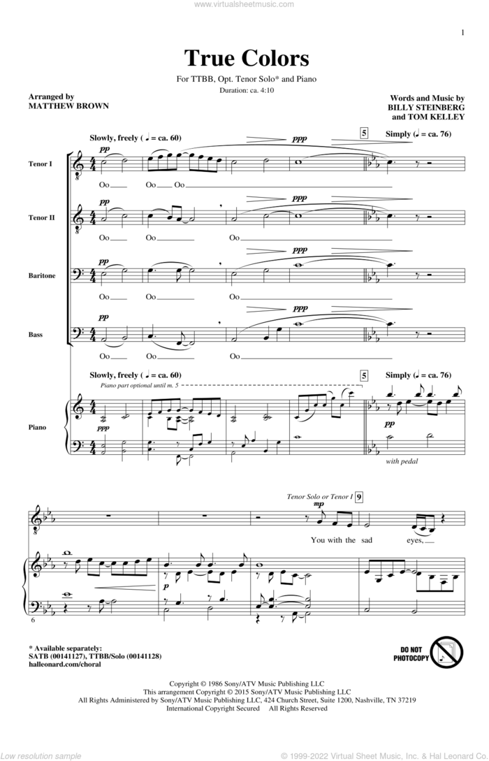 True Colors sheet music for choir (TTBB: tenor, bass) by Billy Steinberg, Matthew Brown, Cyndi Lauper, Phil Collins and Tom Kelly, intermediate skill level