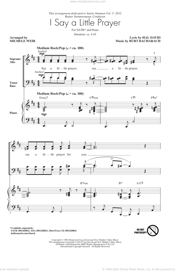 I Say A Little Prayer (arr. Michele Weir) sheet music for choir (SATB: soprano, alto, tenor, bass) by Burt Bacharach, Michelle Weir, Diana King, Dionne Warwick and Hal David, intermediate skill level