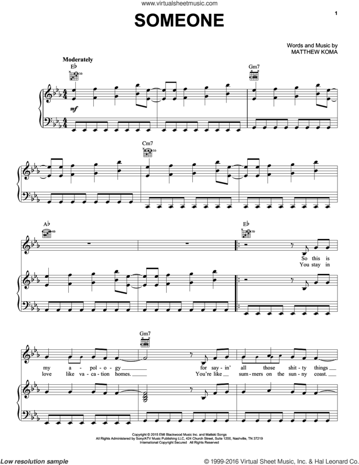 Someone sheet music for voice, piano or guitar by Kelly Clarkson and Matthew Koma, intermediate skill level