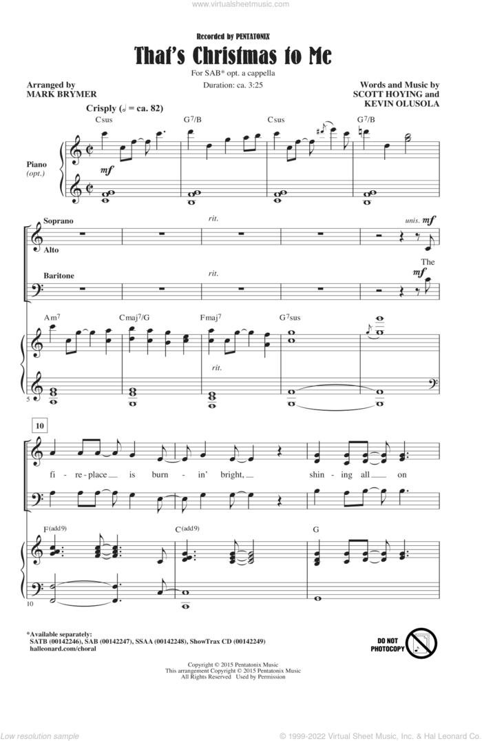 That's Christmas To Me sheet music for choir (SAB: soprano, alto, bass) by Mark Brymer, Pentatonix, Kevin Olusola and Scott Hoying, intermediate skill level