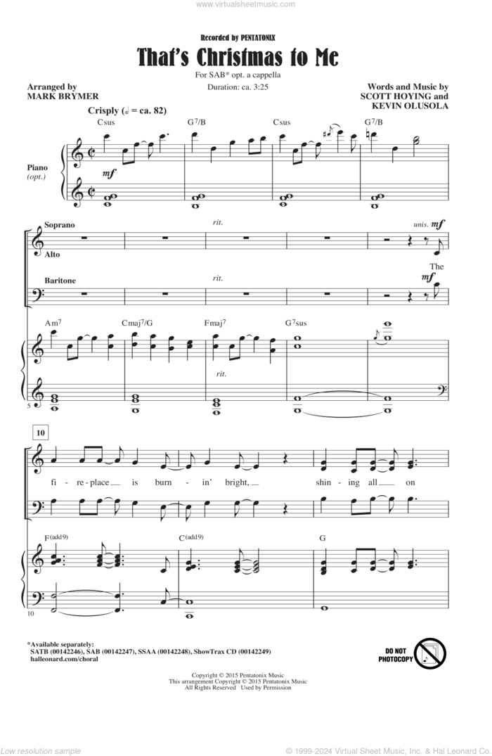 That's Christmas To Me (arr. Mark Brymer) sheet music for choir (SAB: soprano, alto, bass) by Mark Brymer, Pentatonix, Kevin Olusola and Scott Hoying, intermediate skill level