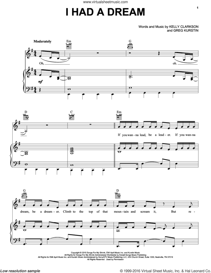 I Had A Dream sheet music for voice, piano or guitar by Kelly Clarkson and Greg Kurstin, intermediate skill level