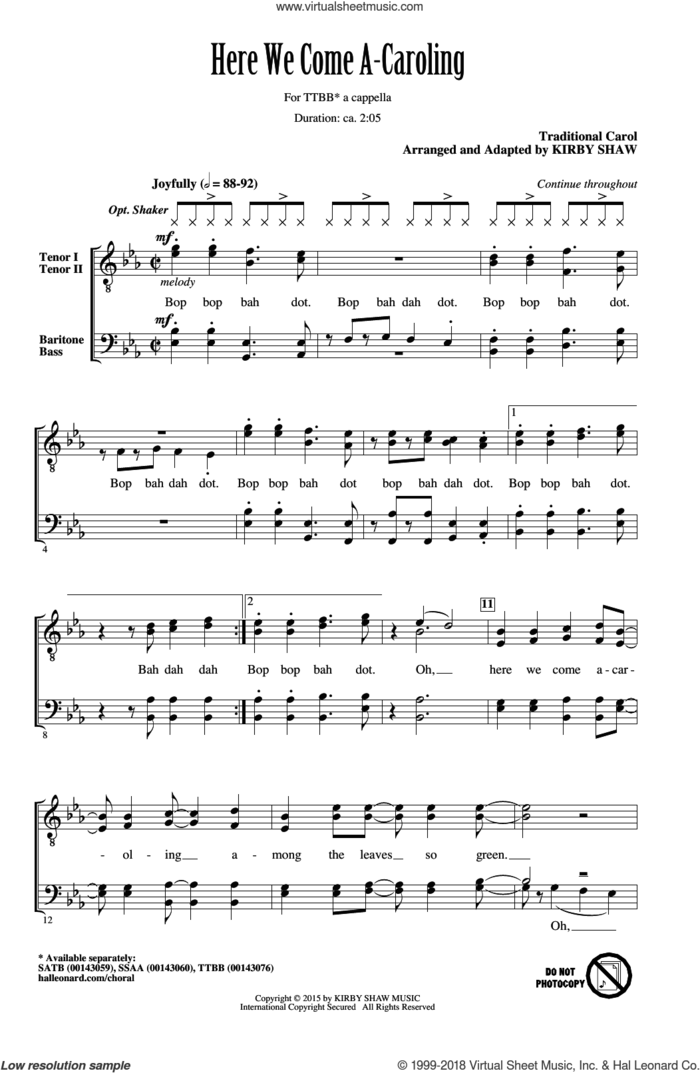 Here We Come A-Caroling sheet music for choir (TTBB: tenor, bass) by Kirby Shaw, intermediate skill level