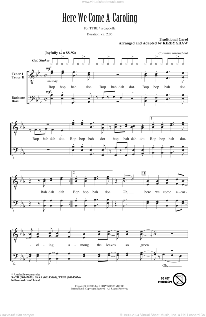 Here We Come A-Caroling sheet music for choir (TTBB: tenor, bass) by Kirby Shaw, intermediate skill level