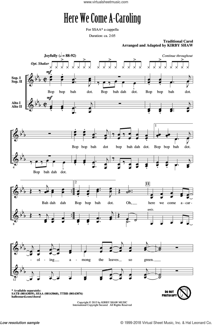 Here We Come A-Caroling sheet music for choir (SSA: soprano, alto) by Kirby Shaw, intermediate skill level