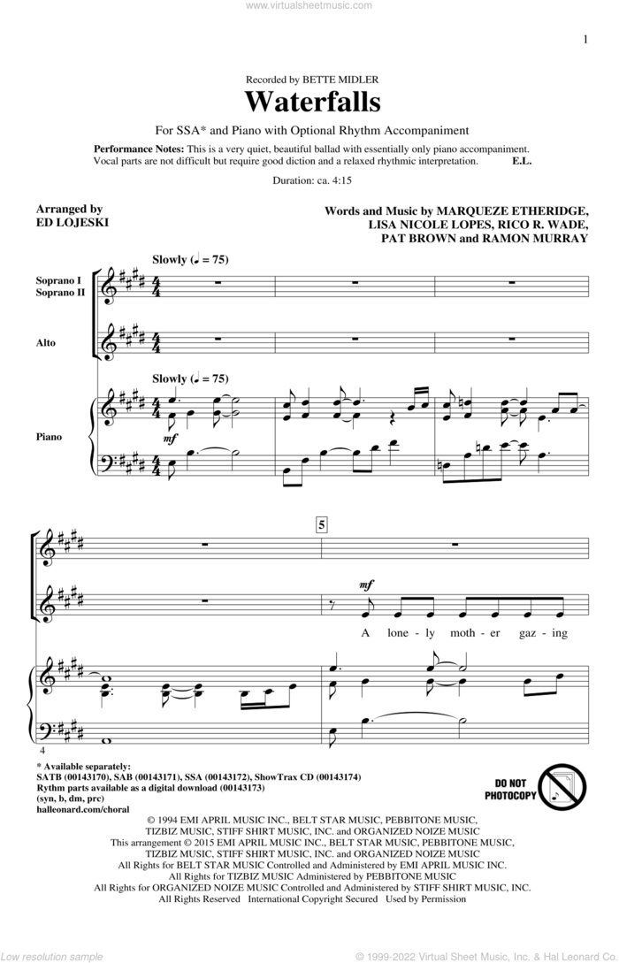 Waterfalls sheet music for choir (SSA: soprano, alto) by Marqueze Etheridge, Ed Lojeski, Bette Midler, Lisa Nicole Lopes, Pat Brown, Ramon Murray and Rico Wade, intermediate skill level
