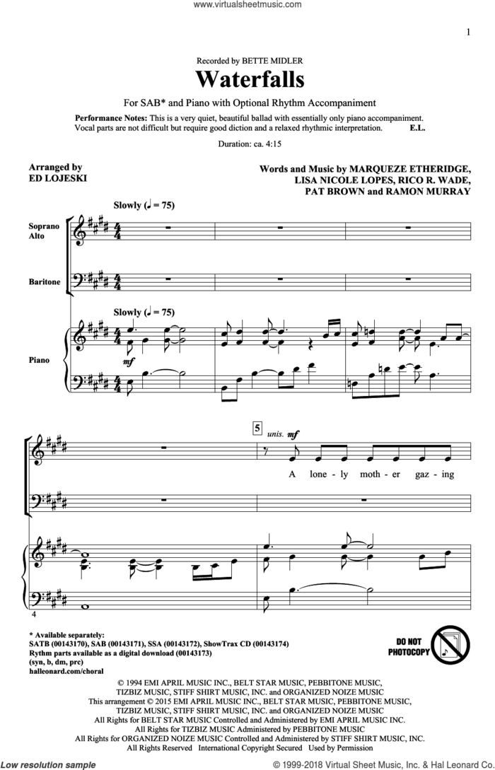 Waterfalls sheet music for choir (SAB: soprano, alto, bass) by Marqueze Etheridge, Ed Lojeski, Bette Midler, Lisa Nicole Lopes, Pat Brown, Ramon Murray and Rico Wade, intermediate skill level