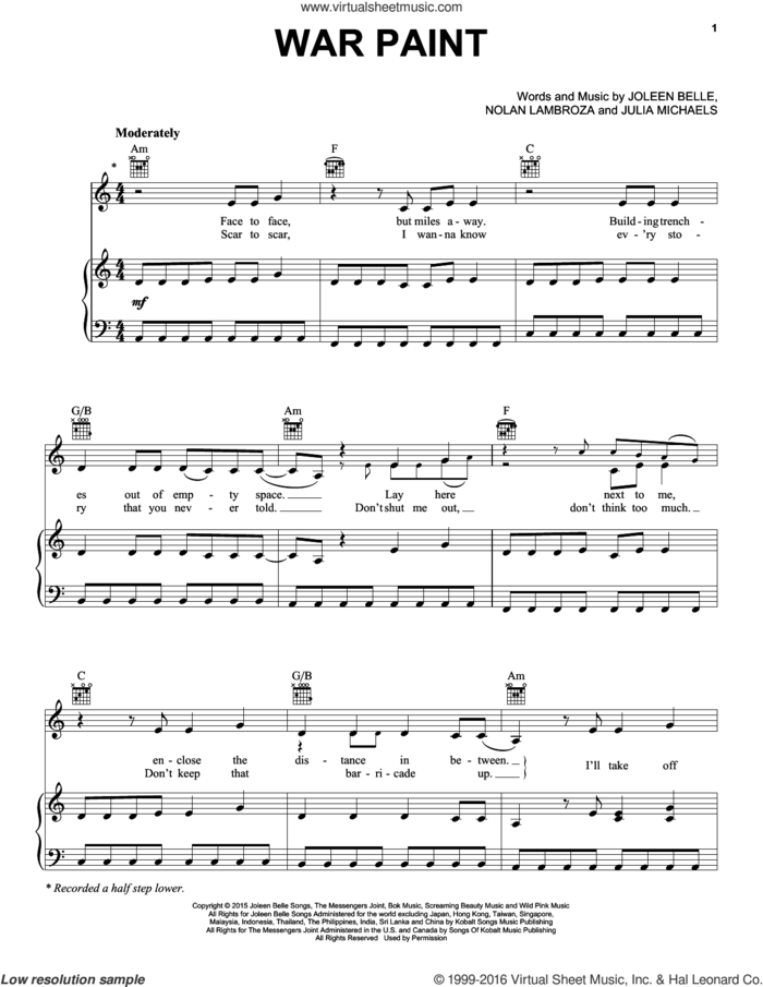 War Paint sheet music for voice, piano or guitar by Kelly Clarkson, Joleen Belle, Julia Michaels and Nolan Lambroza, intermediate skill level