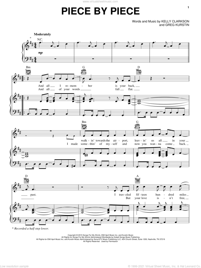 Piece By Piece sheet music for voice, piano or guitar by Kelly Clarkson and Greg Kurstin, intermediate skill level