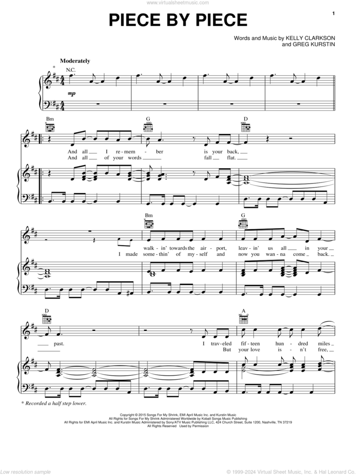 Piece By Piece sheet music for voice, piano or guitar by Kelly Clarkson and Greg Kurstin, intermediate skill level