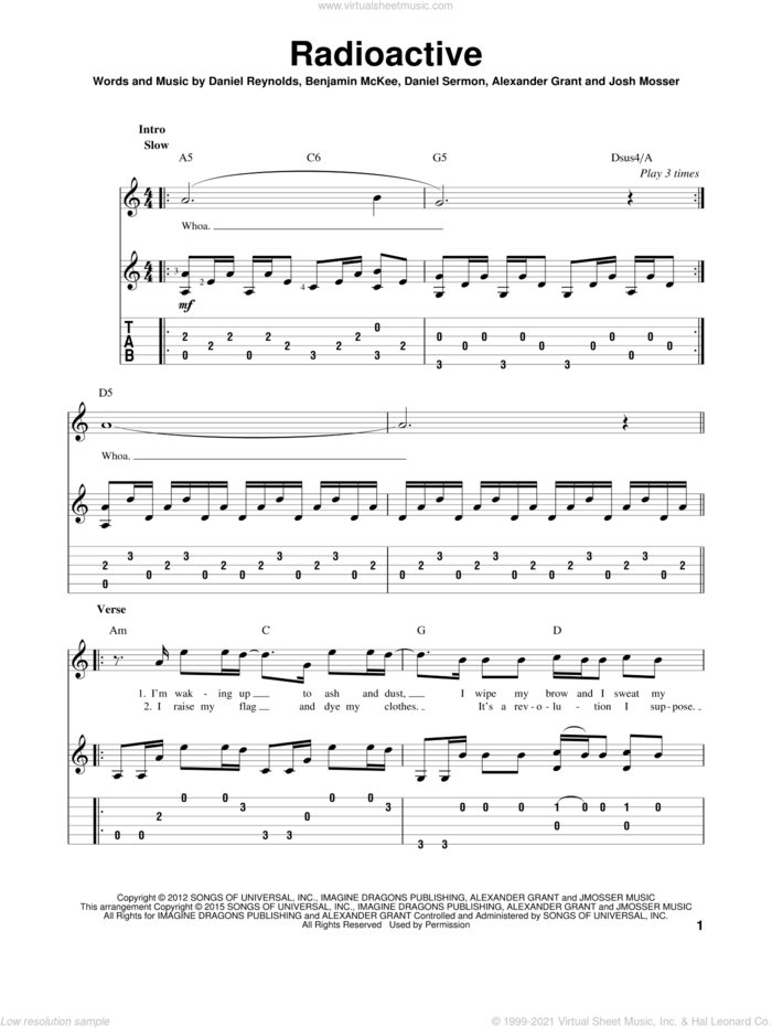 Radioactive, (intermediate) sheet music for guitar solo by Imagine Dragons, Alexander Grant, Benjamin McKee, Daniel Reynolds, Daniel Sermon and Josh Mosser, intermediate skill level