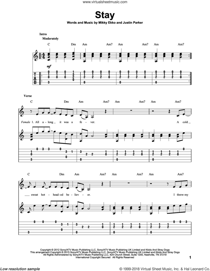 Stay sheet music for guitar solo by Rihanna, Justin Parker and Mikky Ekko, intermediate skill level