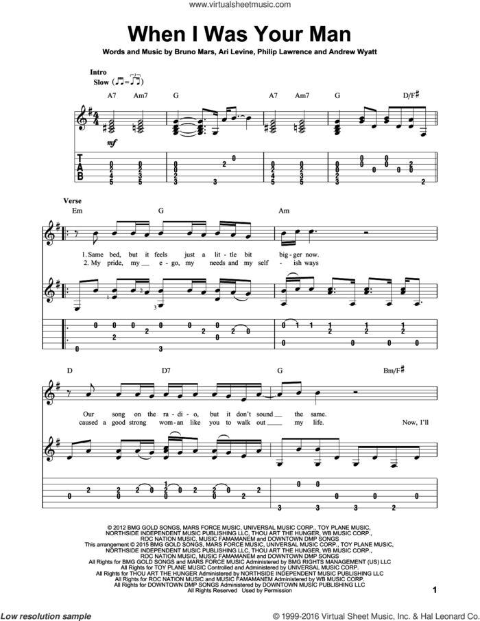 When I Was Your Man sheet music for guitar solo by Bruno Mars, Andrew Wyatt, Ari Levine and Philip Lawrence, intermediate skill level