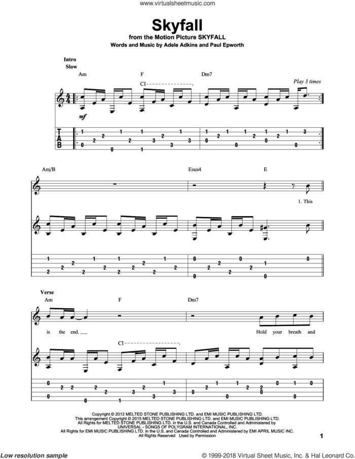 Skyfall, (intermediate) sheet music for guitar solo by Adele, Adele Adkins and Paul Epworth, intermediate skill level