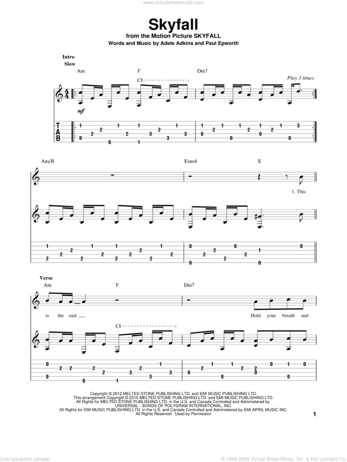 Skyfall, (intermediate) sheet music for guitar solo by Adele, Adele Adkins and Paul Epworth, intermediate skill level