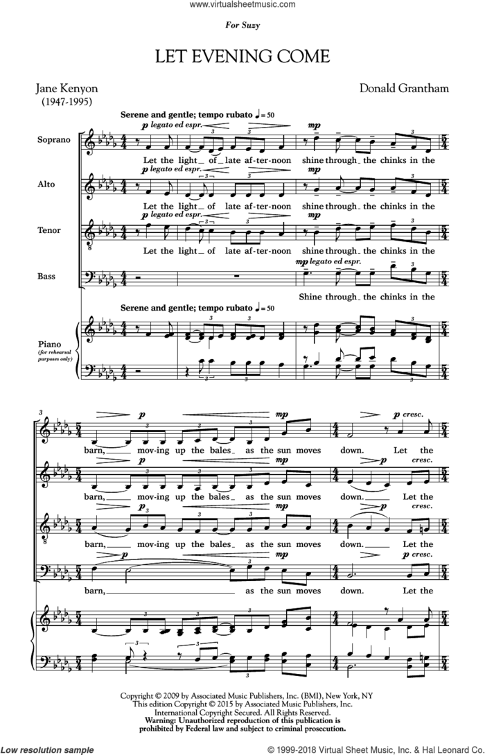 Let Evening Come sheet music for choir (SATB: soprano, alto, tenor, bass) by Donald Grantham, Jane Kenyon and Craig Hella Johnson, intermediate skill level