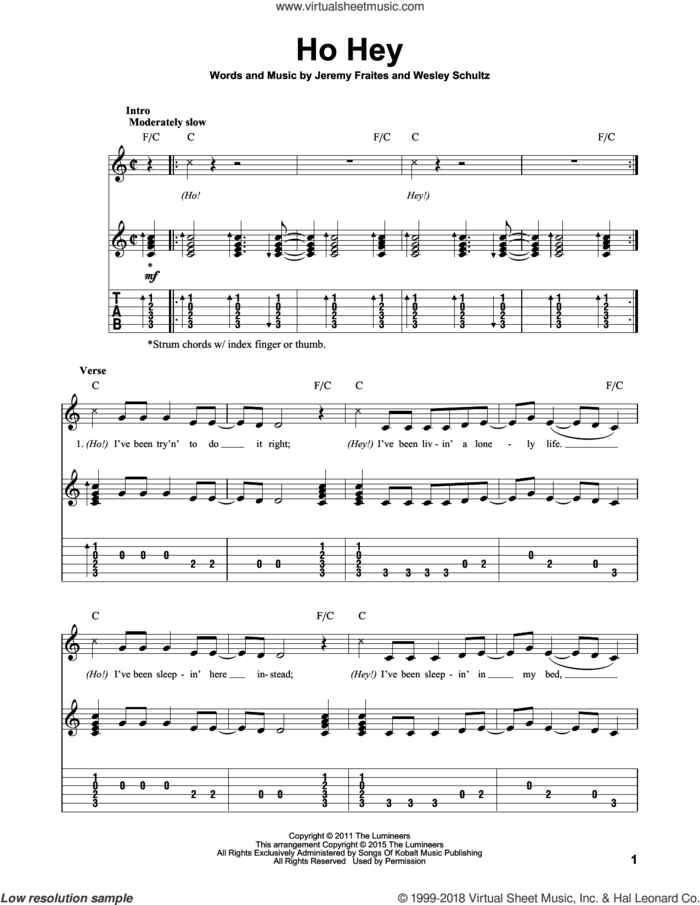 Ho Hey sheet music for guitar solo by The Lumineers, Lennon & Maisy, Jeremy Fraites and Wesley Schultz, intermediate skill level