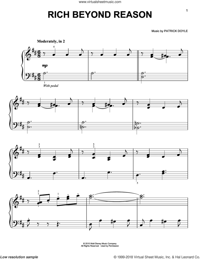 Rich Beyond Reason sheet music for piano solo by Patrick Doyle, easy skill level