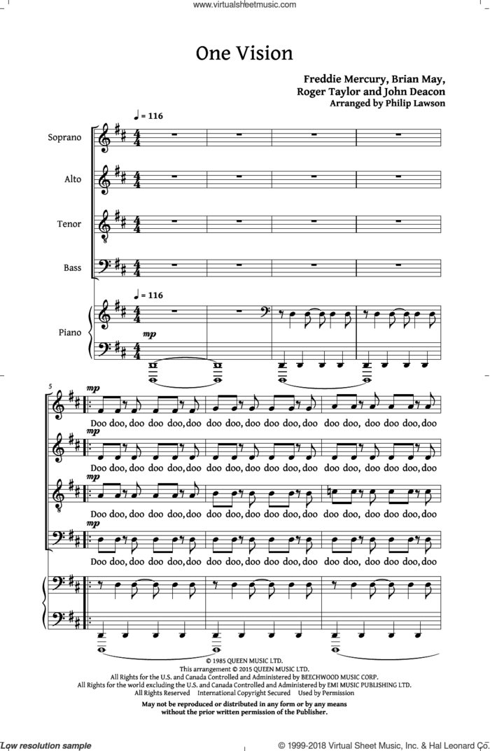 One Vision sheet music for choir (SATB: soprano, alto, tenor, bass) by Freddie Mercury, Philip Lawson, Queen, Brian May, John Deacon and Roger Taylor, intermediate skill level