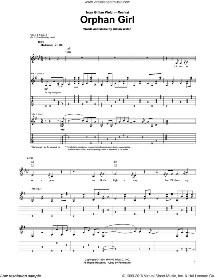 Orphan Girl sheet music for guitar (tablature) by Gillian Welch and Emmylou Harris, intermediate skill level