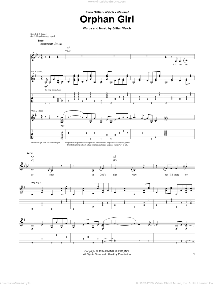 Orphan Girl sheet music for guitar (tablature) by Gillian Welch and Emmylou Harris, intermediate skill level