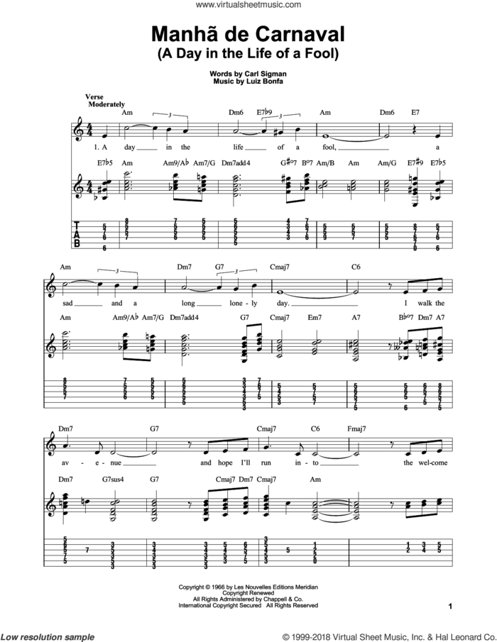 A Day In The Life Of A Fool (Manha De Carnaval) sheet music for guitar solo by Carl Sigman, Robert B. Yelin and Luiz Bonfa, intermediate skill level