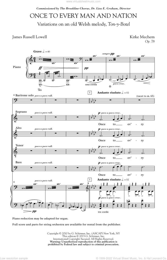 Once To Every Man And Nation sheet music for choir (SATB: soprano, alto, tenor, bass) by Kirke Mechem, intermediate skill level