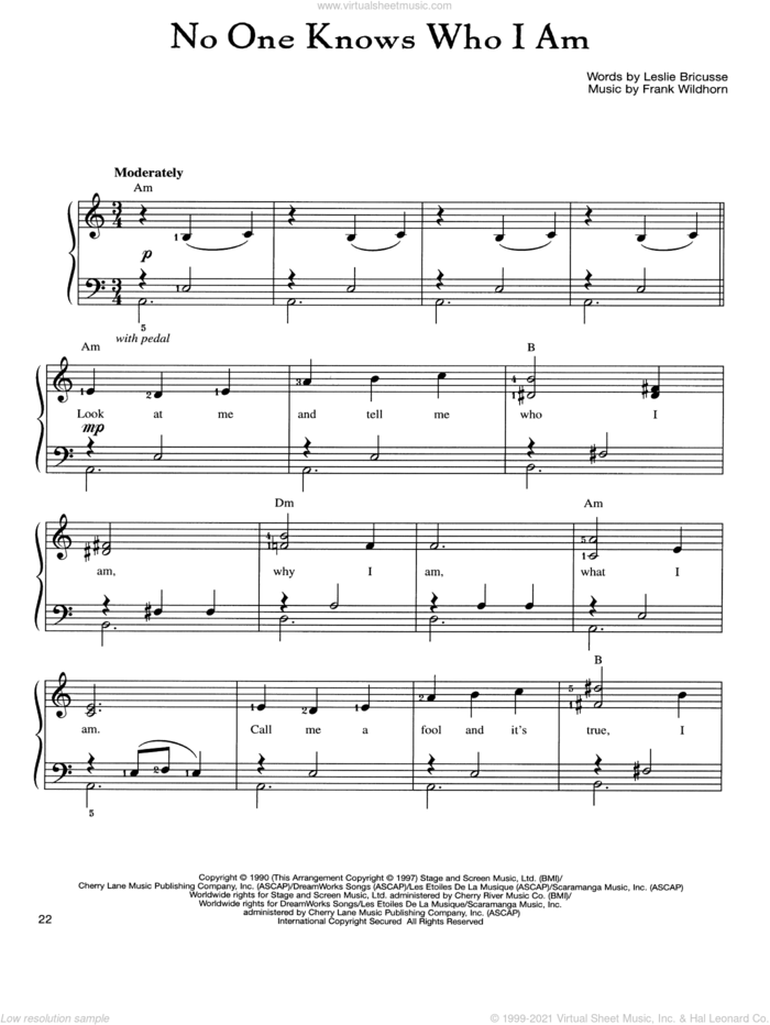 No One Knows Who I Am sheet music for piano solo by Frank Wildhorn and Leslie Bricusse, easy skill level
