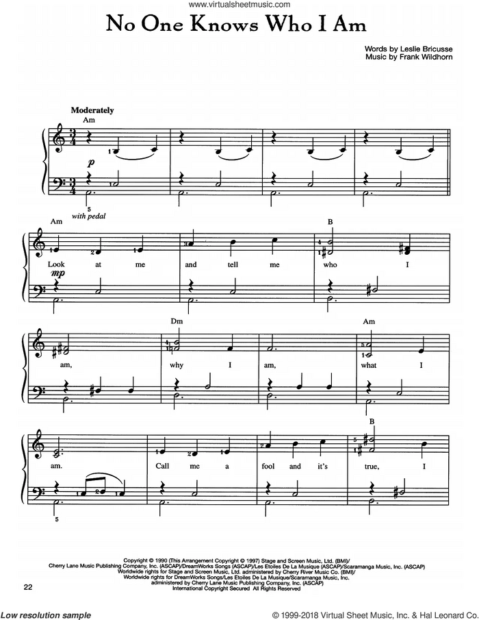 No One Knows Who I Am sheet music for piano solo by Frank Wildhorn and Leslie Bricusse, easy skill level