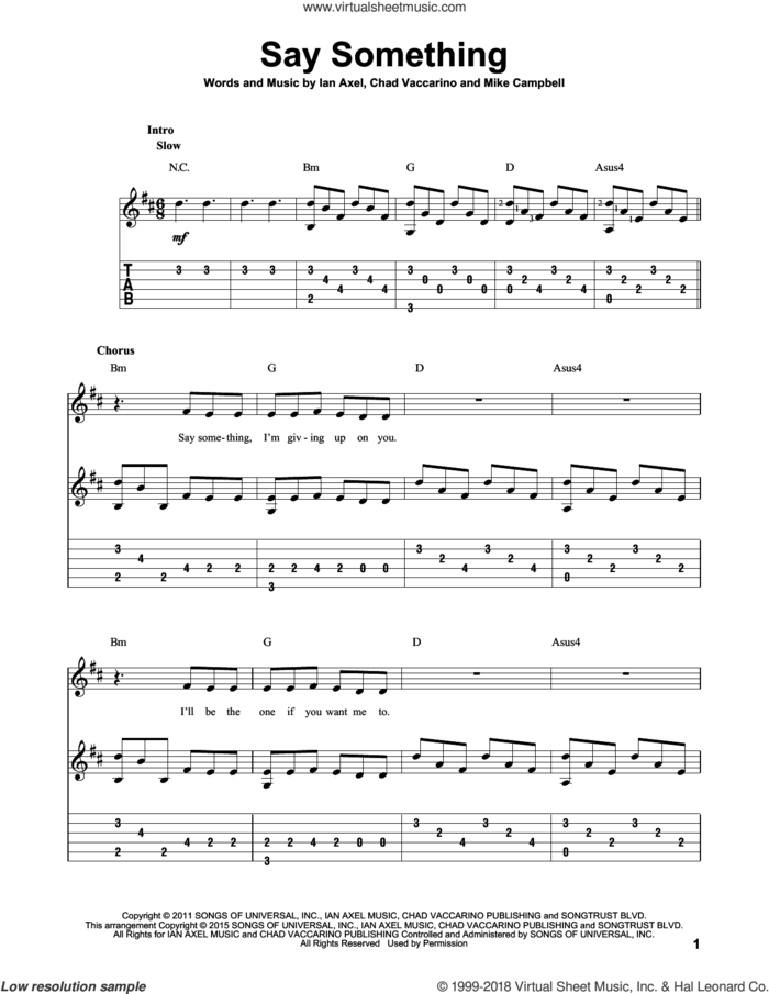 Say Something sheet music for guitar solo by A Great Big World, Chad Vaccarino, Ian Axel and Mike Campbell, intermediate skill level