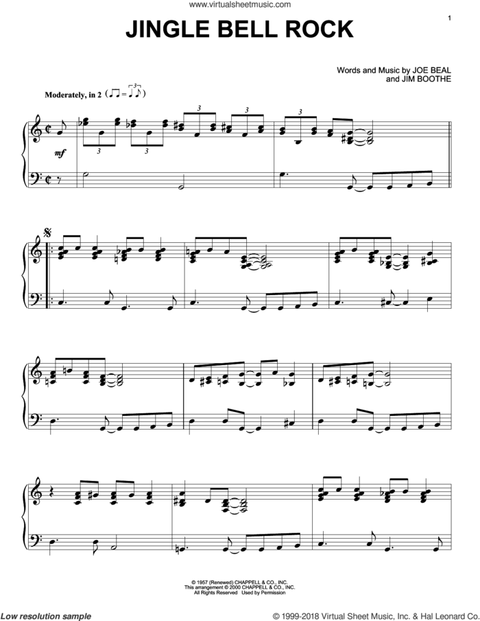 Jingle Bell Rock, (intermediate) sheet music for piano solo by Bobby Helms, Aaron Tippin, Jim Boothe and Joe Beal, intermediate skill level