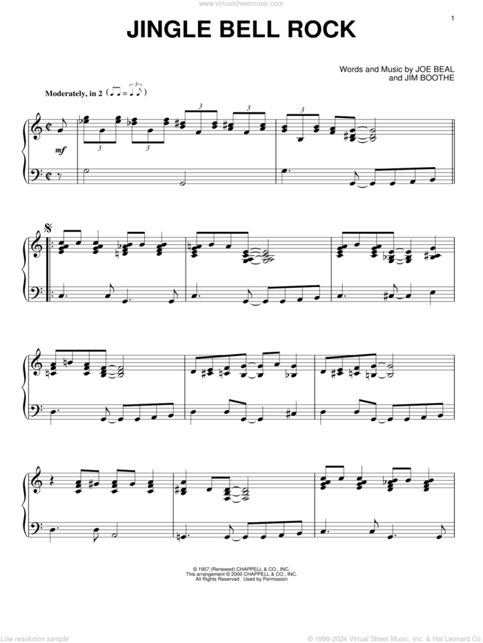 Jingle Bell Rock, (intermediate) sheet music for piano solo by Bobby Helms, Aaron Tippin, Jim Boothe and Joe Beal, intermediate skill level