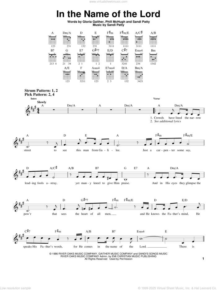 In The Name Of The Lord sheet music for guitar solo (chords) by Sandi Patty, Gloria Gaither and Phill McHugh, easy guitar (chords)