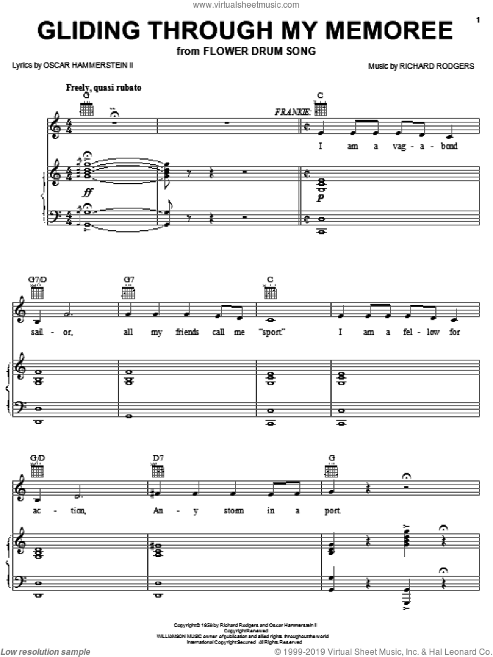 Gliding Through My Memoree sheet music for voice, piano or guitar by Rodgers & Hammerstein, Flower Drum Song (Musical), Oscar II Hammerstein and Richard Rodgers, intermediate skill level