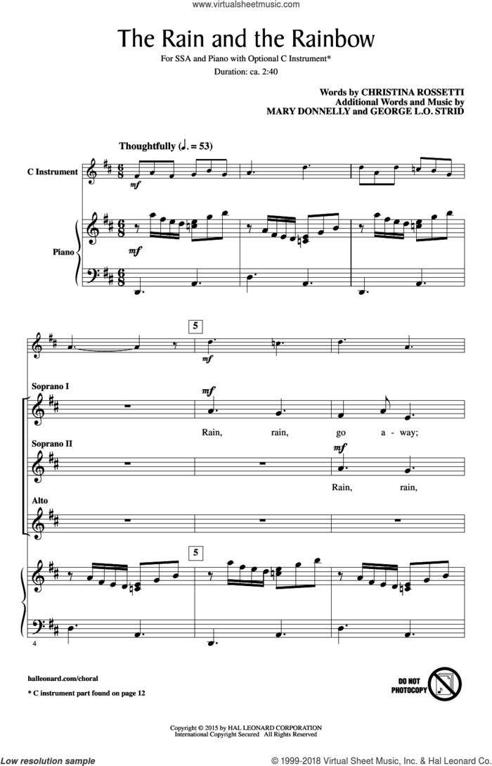 The Rain And The Rainbow sheet music for choir (SSA: soprano, alto) by Mary Donnelly, George L.O. Strid and Christina Rossetti, intermediate skill level